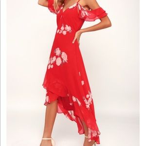 Lulus Love in Bloom red floral dress
